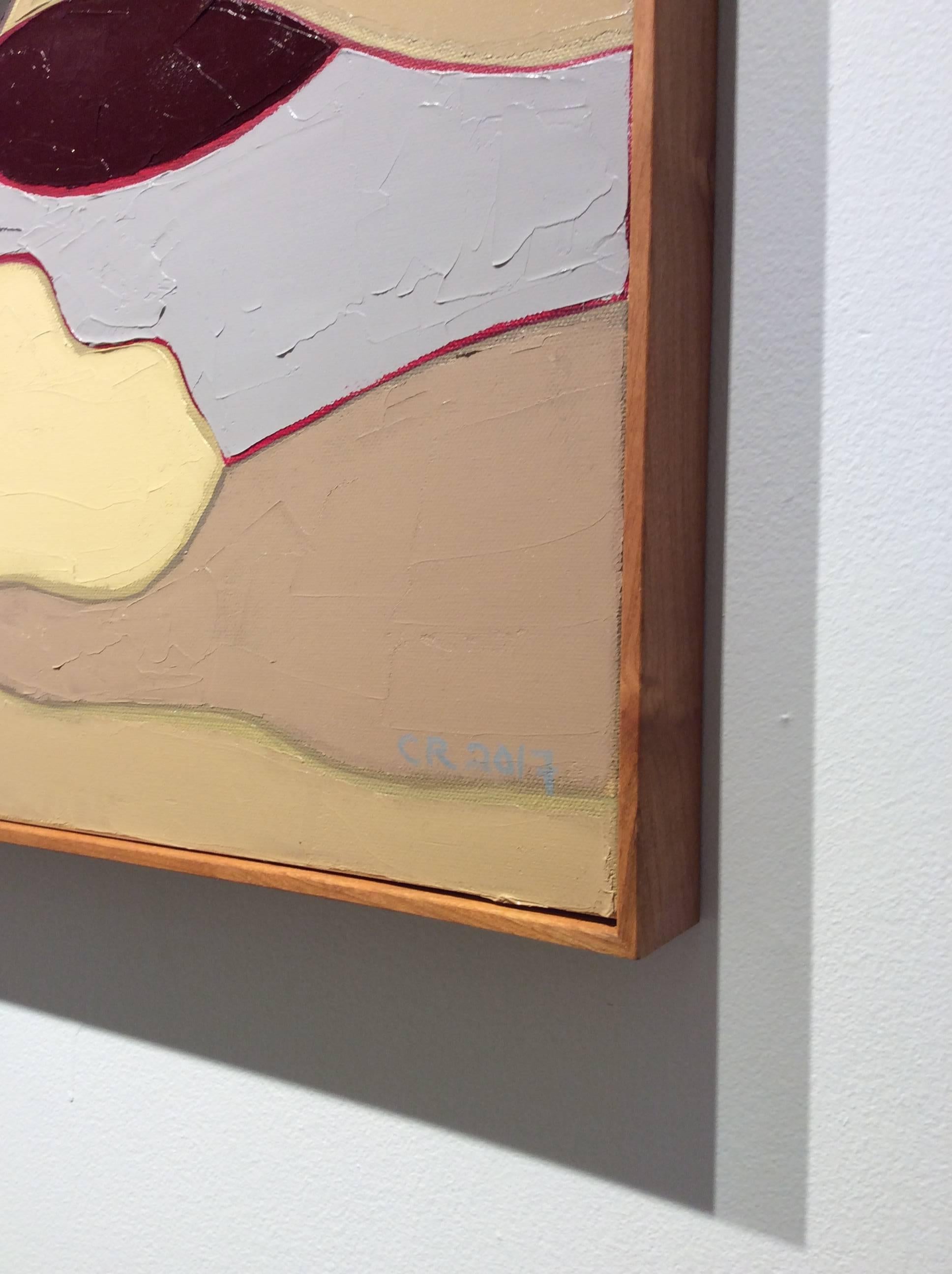 oil on canvas in thin wood frame
30 x 24 inches

This vertical, modern abstract painting with an earth-toned palette was created by Hudson Valley-based artist Corinne Robbins. This abstracted landscape with a mid-century modern sensibility exhibits
