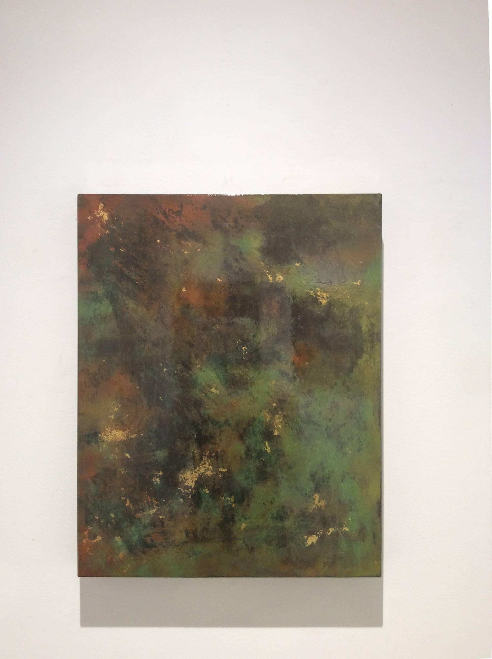 Une journée à l'extérieur de Paris (peinture abstraite sur métal avec vert, Sienne et or) - Painting de Bruce Murphy