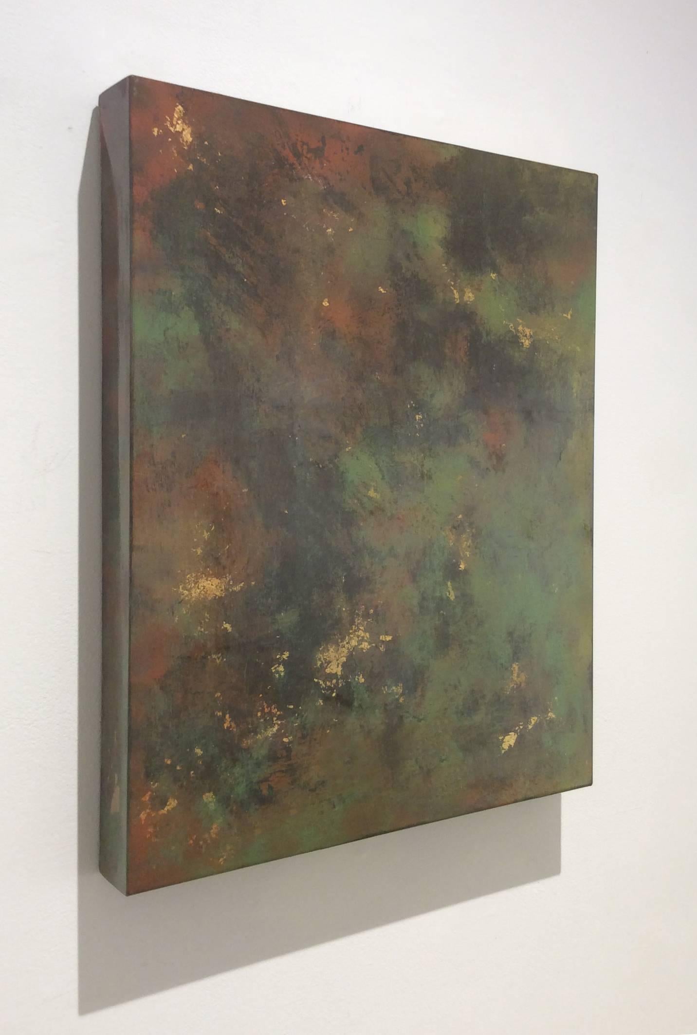 A Day Outside of Paris (Abstract Painting on Metal with Green, Sienna & Gold) For Sale 1