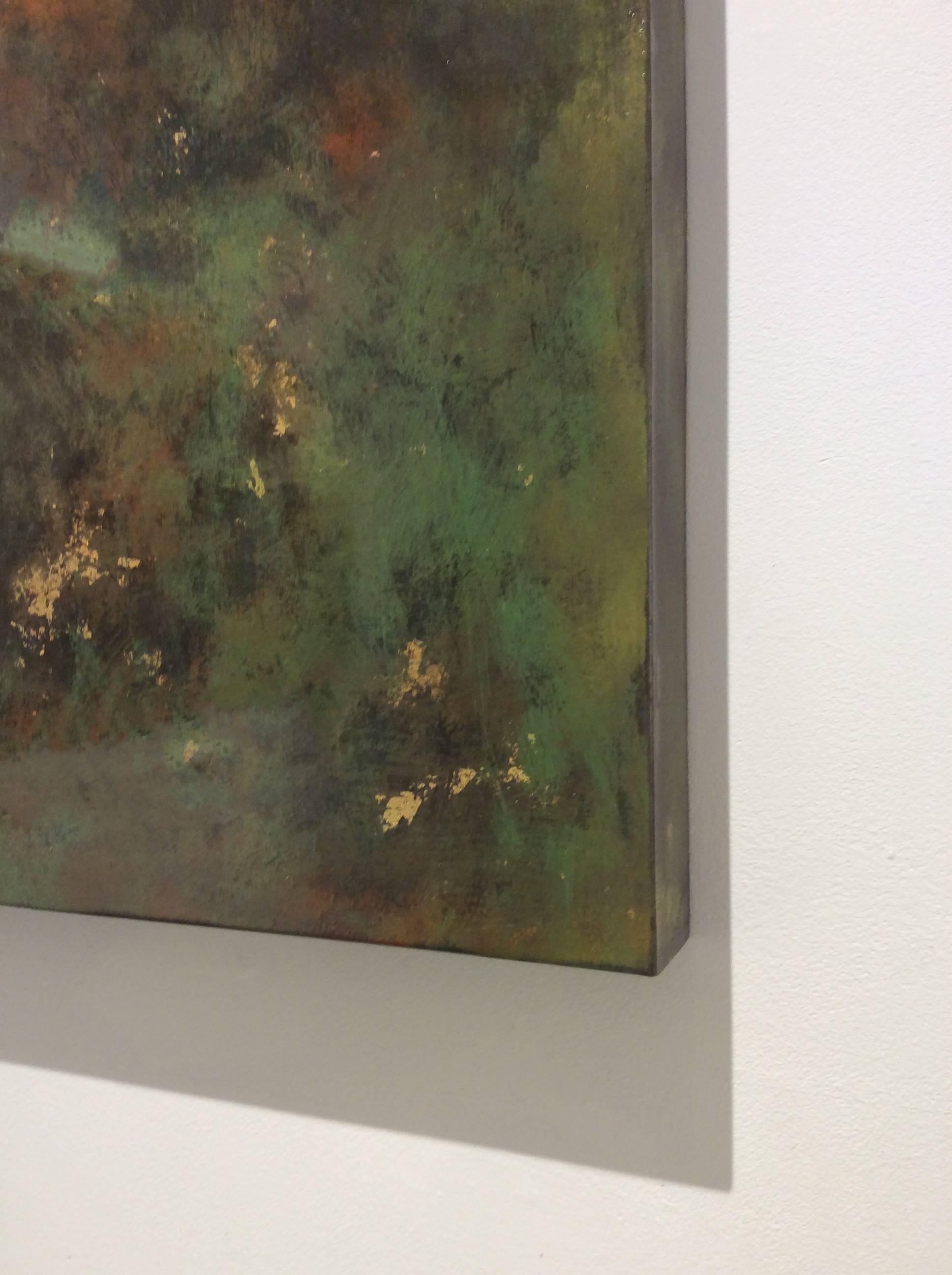A Day Outside of Paris (Abstract Painting on Metal with Green, Sienna & Gold) For Sale 2