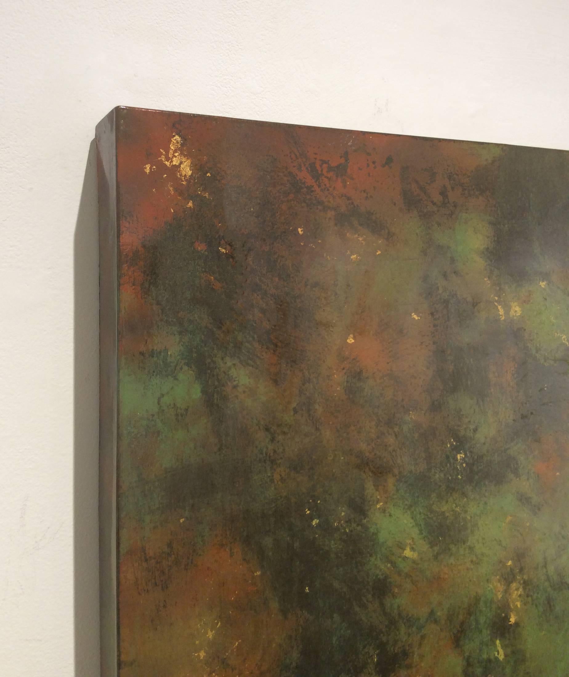 A Day Outside of Paris (Abstract Painting on Metal with Green, Sienna & Gold) For Sale 3