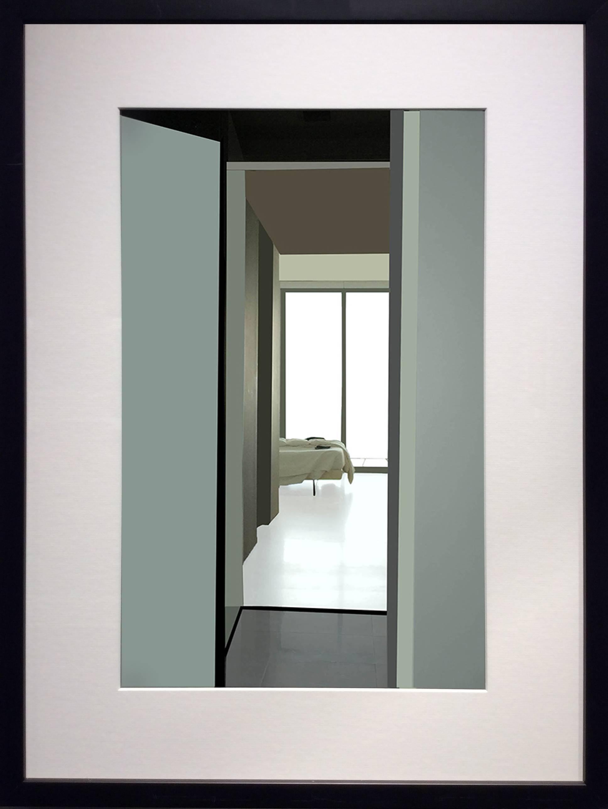 Bed: Contemporary Inkjet Print of Minimalist Interior in Muted Teal, Black Frame - Photograph by Stephanie Blumenthal
