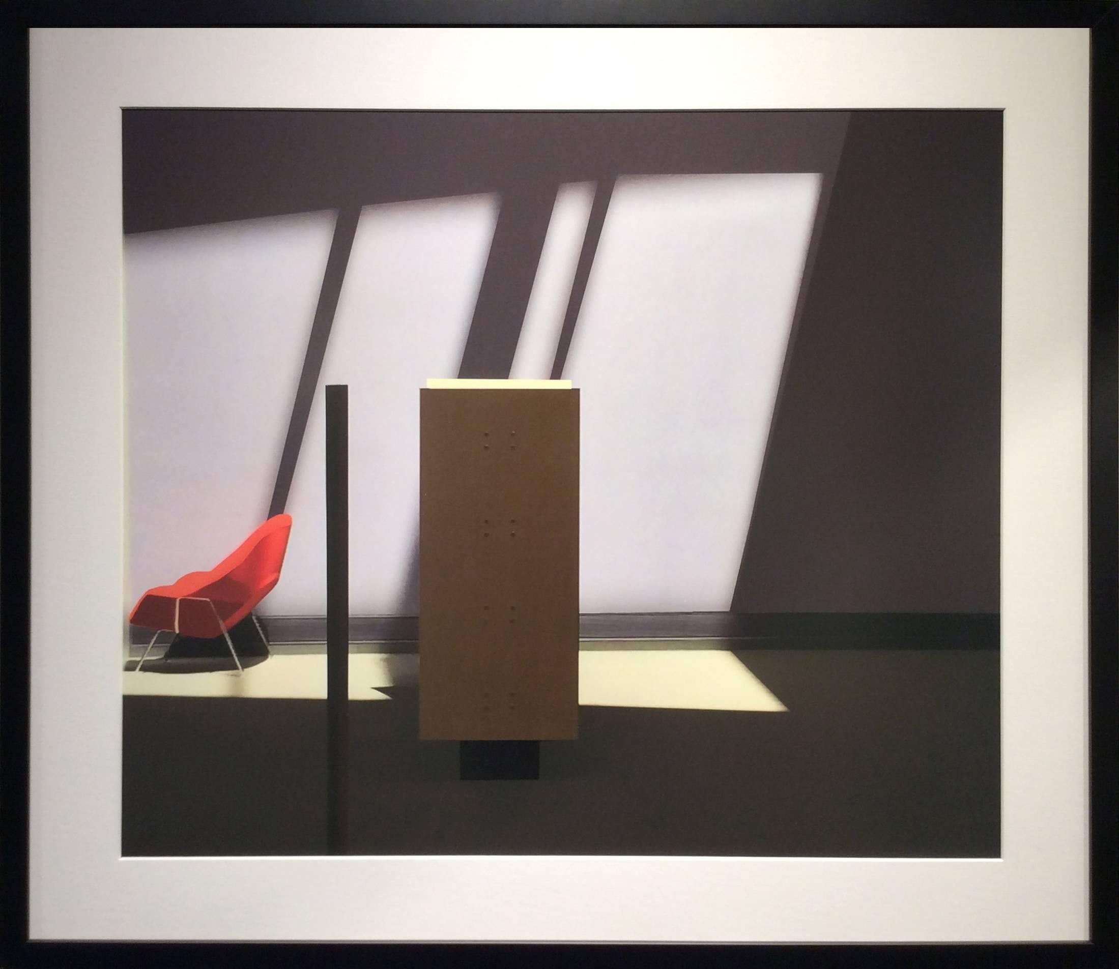 Red Chair (Modern Abstract Inkjet Print of Minimalist Interior in Black Frame) - Photograph by Stephanie Blumenthal