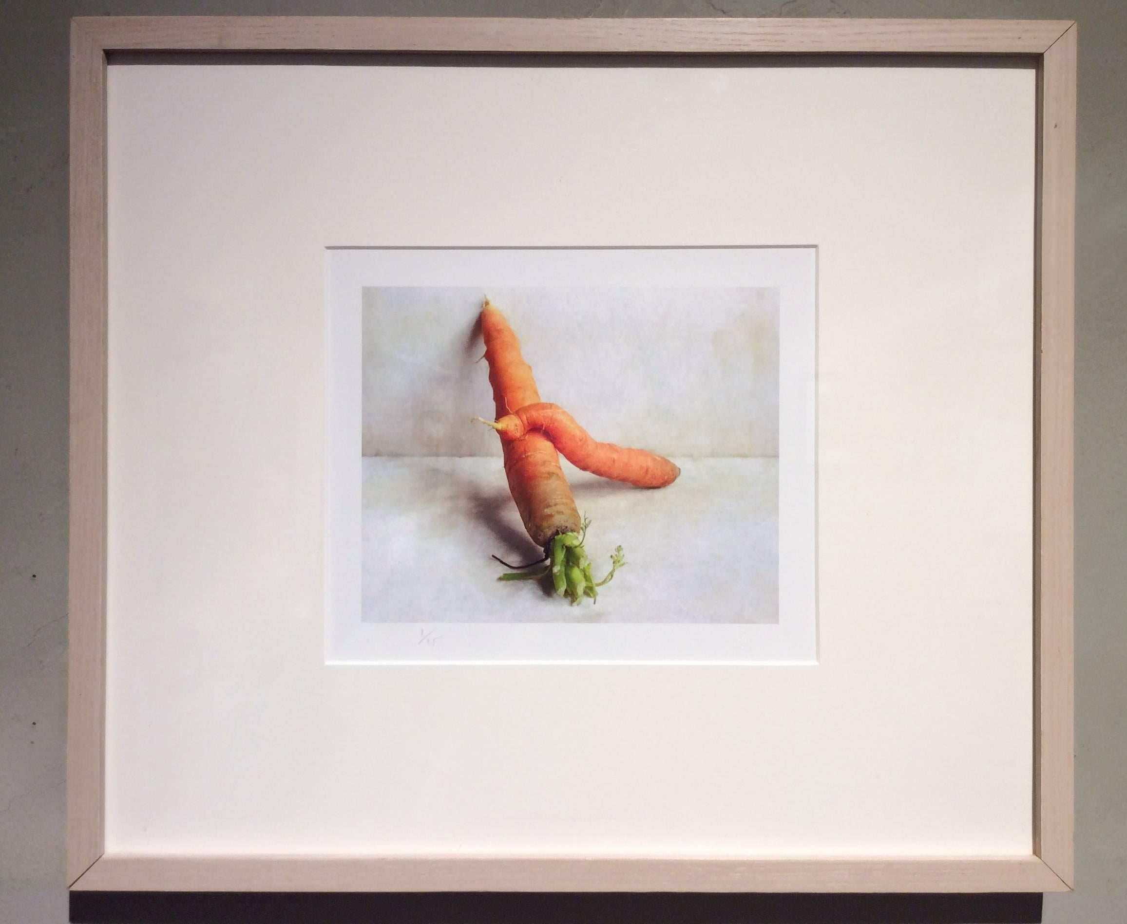 Carrots (Color Still Life Photograph of Orange Vegetable on White, Wood Frame) - Gray Color Photograph by David Halliday