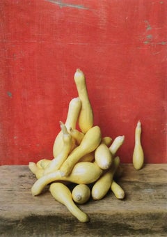 Yellow Squash (Vertical, Minimalist Color Still Life Photograph in Wood Frame)