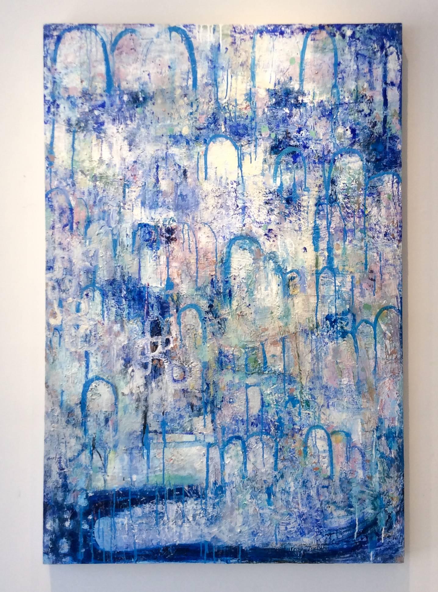 Hydrology (peinture expressionniste abstraite verticale contemporaine, bleue et blanche) - Painting de Ragellah Rourke