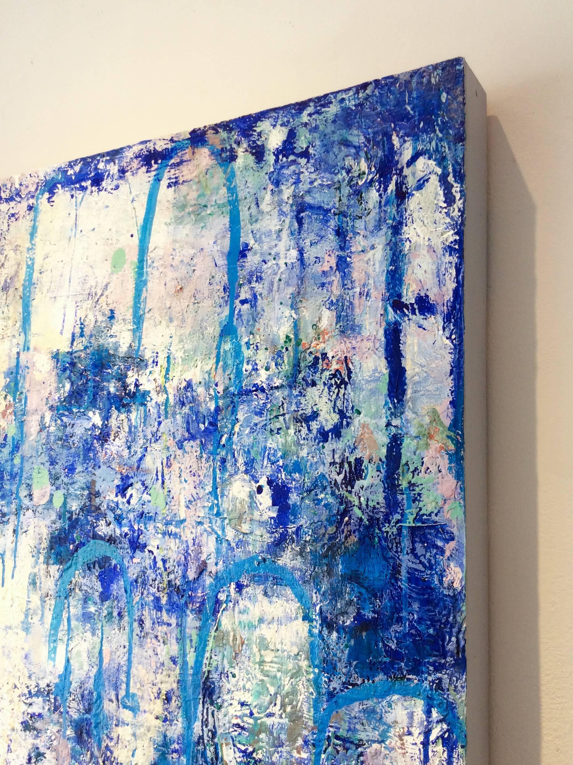Hydrology (Contemporary Vertical Abstract Expressionist Painting, Blue & White) For Sale 2