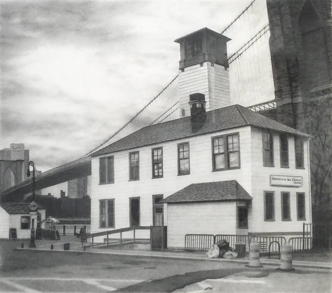 Brooklyn Ice Cream Factory (Realistic Industrial Cityscape Pencil Drawing)  - Art by Eileen Murphy