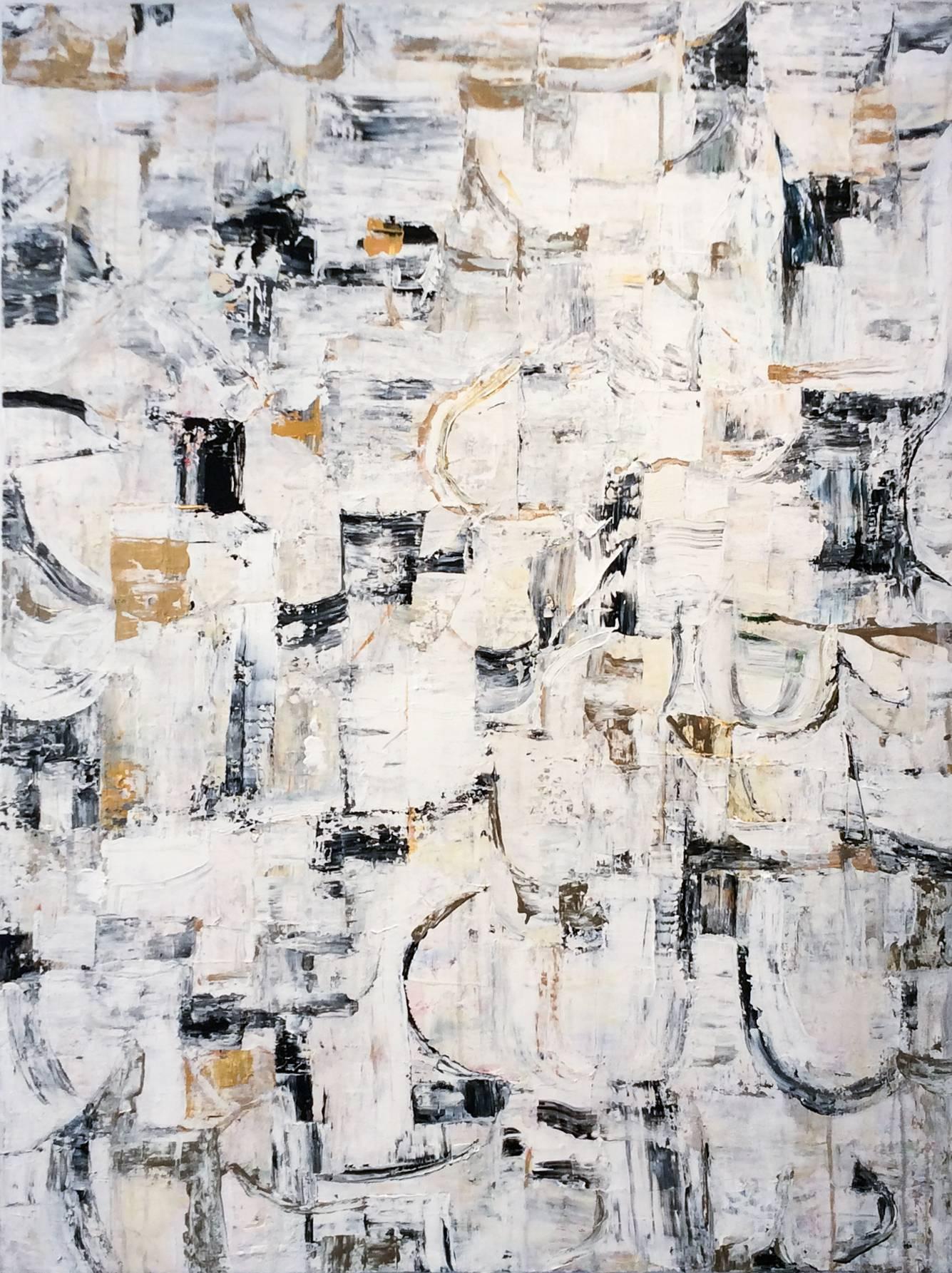 Ragellah Rourke Abstract Painting – Night Music II (Modernes abstraktes Acrylgemälde in Weiß, Schwarz und Gold)