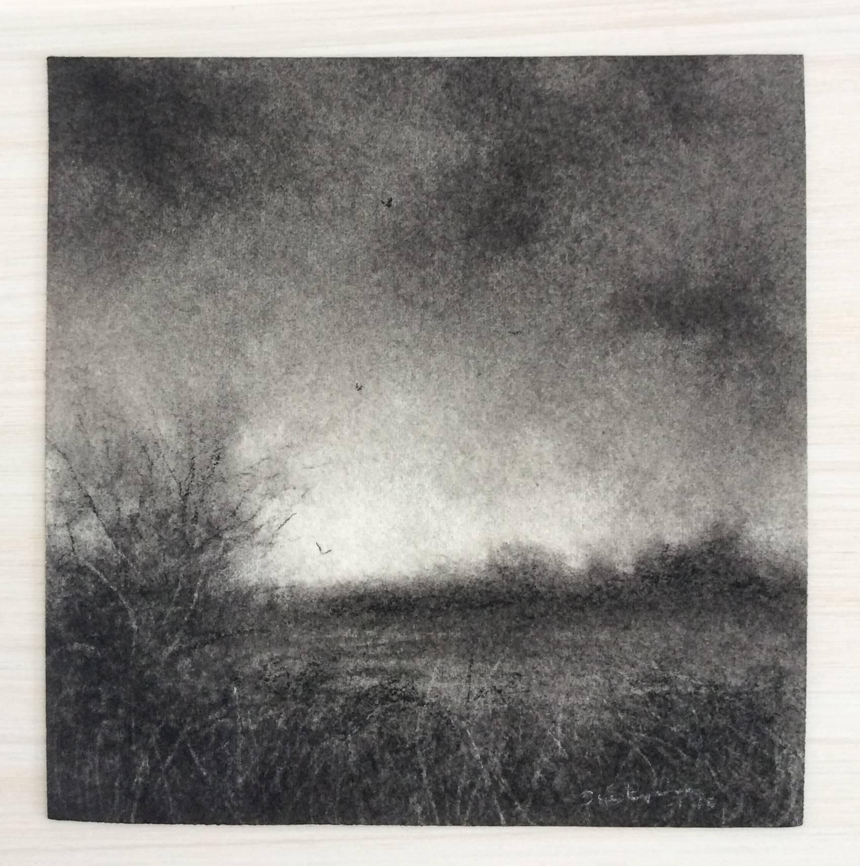 Edgeland XV (Small Realistic Landscape Drawing in Black Charcoal) - Art by Sue Bryan
