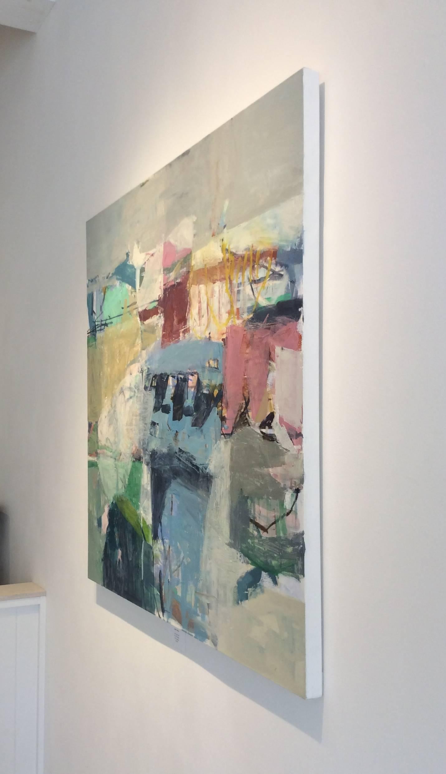 Side Light (Abstracted Landscape Painting in Blues and Greens) - Gray Abstract Painting by Jenny Nelson