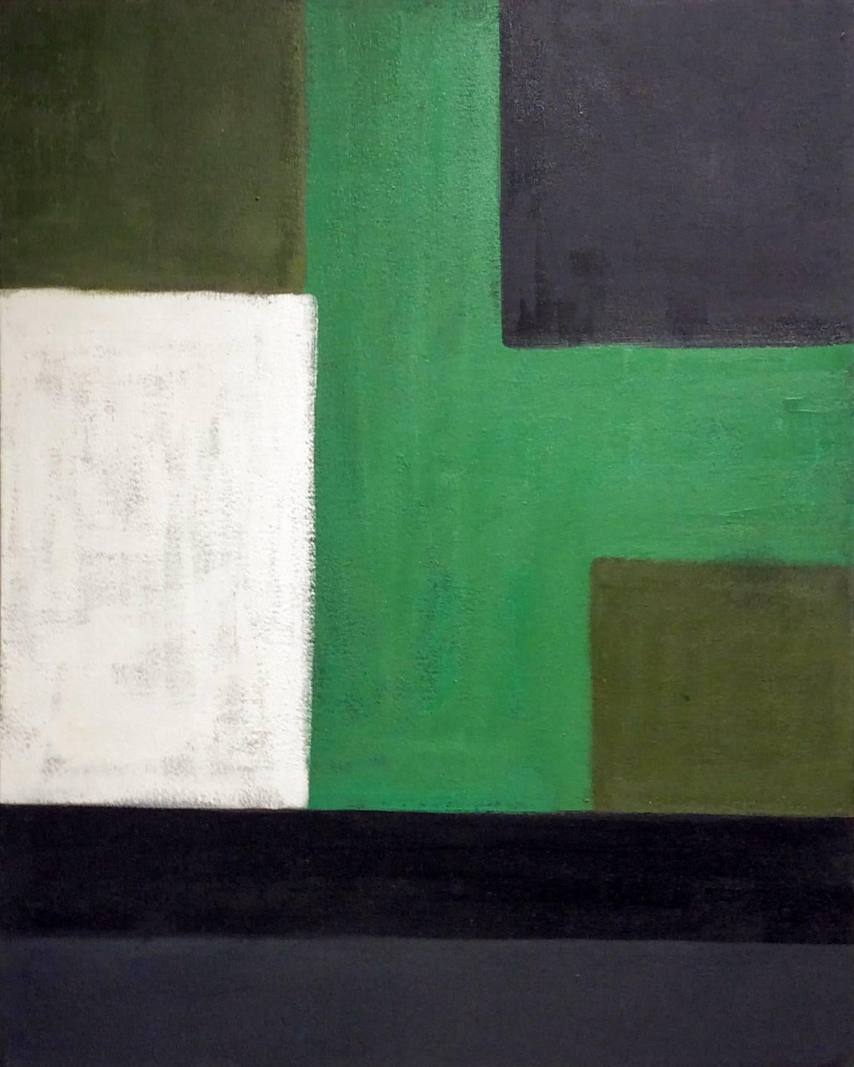 Geometric Abstract Expressionist painting in forest green, emerald green, white and black 
Painting can be oriented vertically or horizontally to your preference
