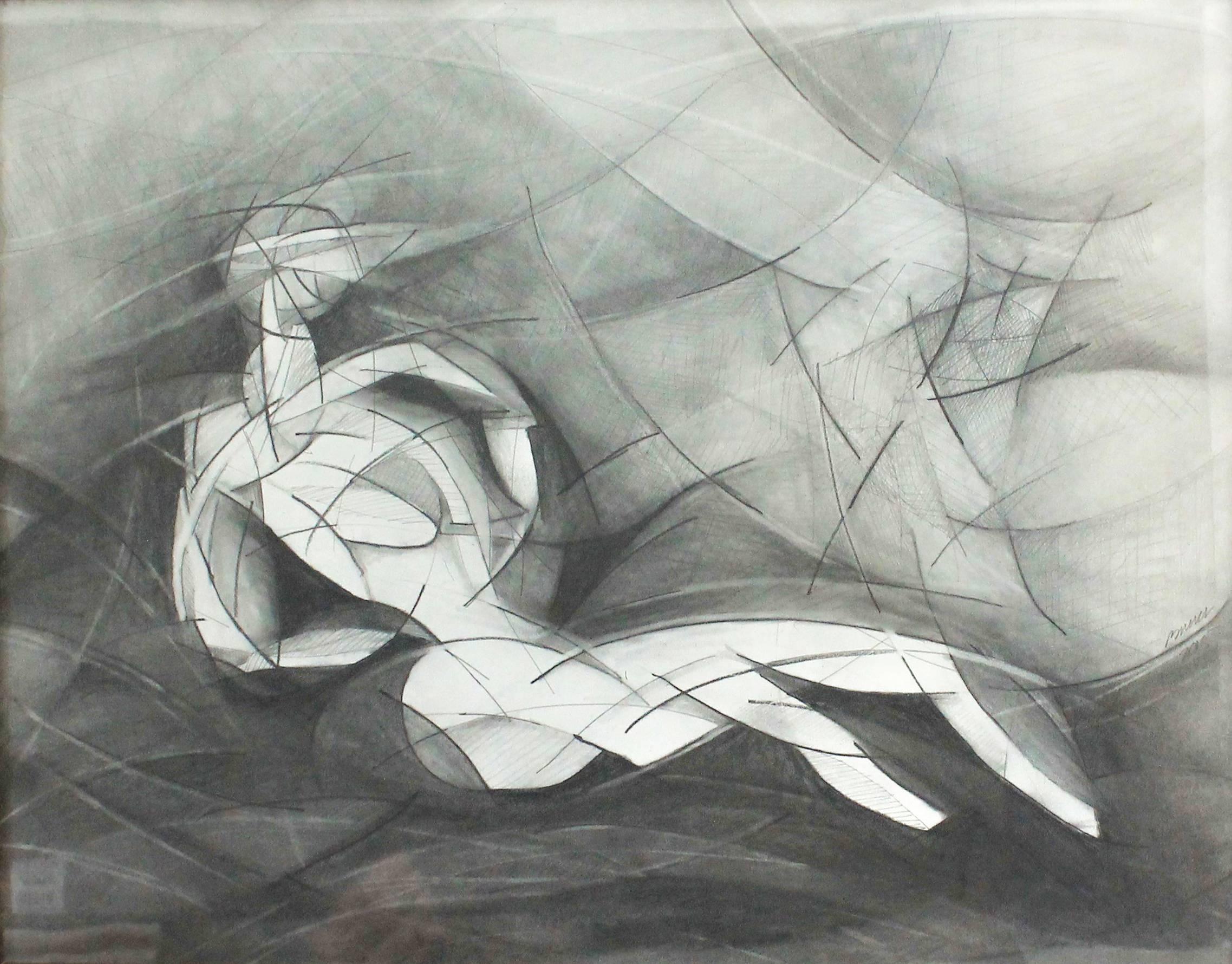 Olympia VIII (Abstract Cubist Style, Modern Graphite Drawing with Vintage Frame) - Art by David Dew Bruner