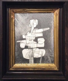Infanta XXXV (Abstract Cubist Graphite Drawing on Paper in Vintage Frame)