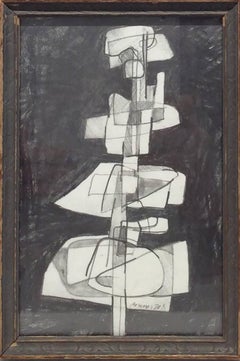 Infanta XXXI (Small Cubist Graphite Drawing on Paper in Vintage Frame)