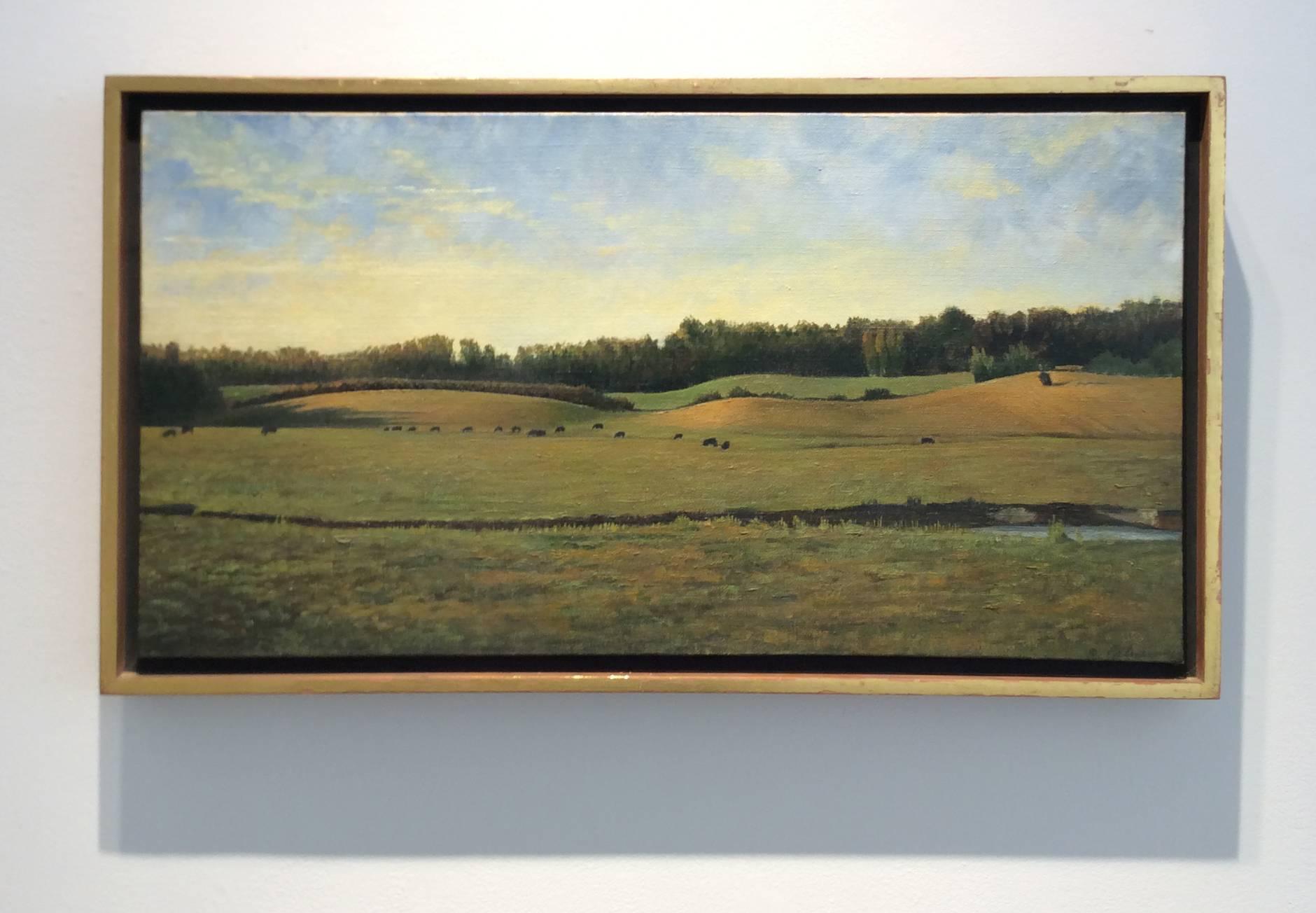 Oil on canvas
12 x 23 inches

This panoramic painting of cows grazing at dusk was created by landscape painter Leigh Palmer a few years after his move to the Hudson River Valley. The image possesses a serene, pastoral essence, with rolling green and