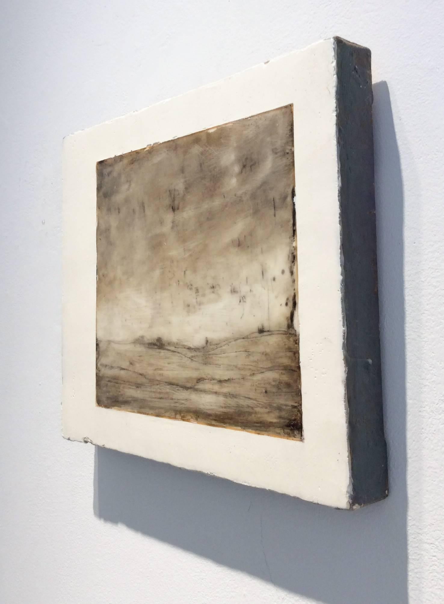 Opening Farm (Encaustic Monochromatic Pastoral Landscape in Earth Tones & White) - Contemporary Mixed Media Art by Leigh Palmer