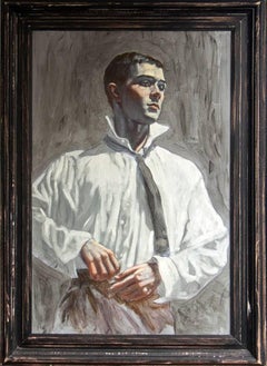 Young Man Getting Dressed (Figurative Oil Portrait Painting)
