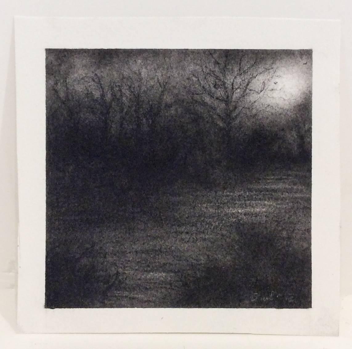 Nocturne VI ( Drawing réaliste moderne au fusain d'un paysage forestier éclairé par la lune) - Noir Landscape Art par Sue Bryan