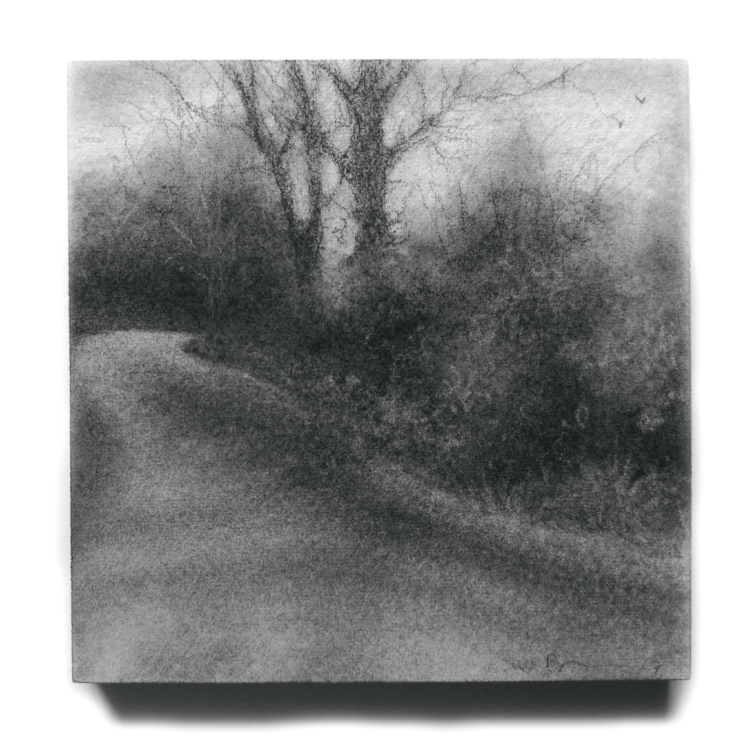 Edgeland XLVII (Modern, Square Charcoal Landscape Drawing of Country Road) - Art by Sue Bryan