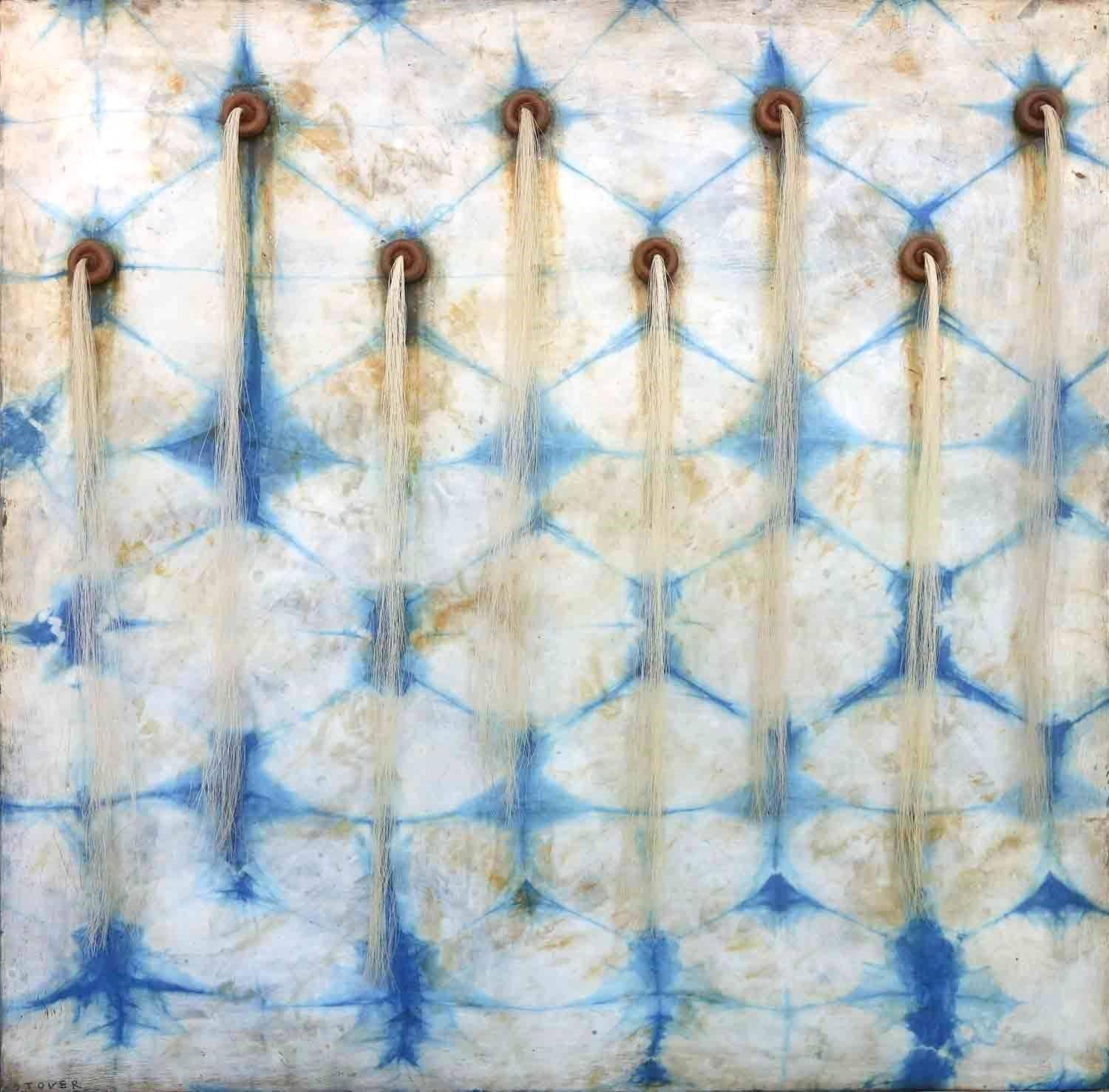 Susan Stover Abstract Painting - Artesian Wall (Square Indigo Silk & Encaustic Work on Panel with Horse Hair )