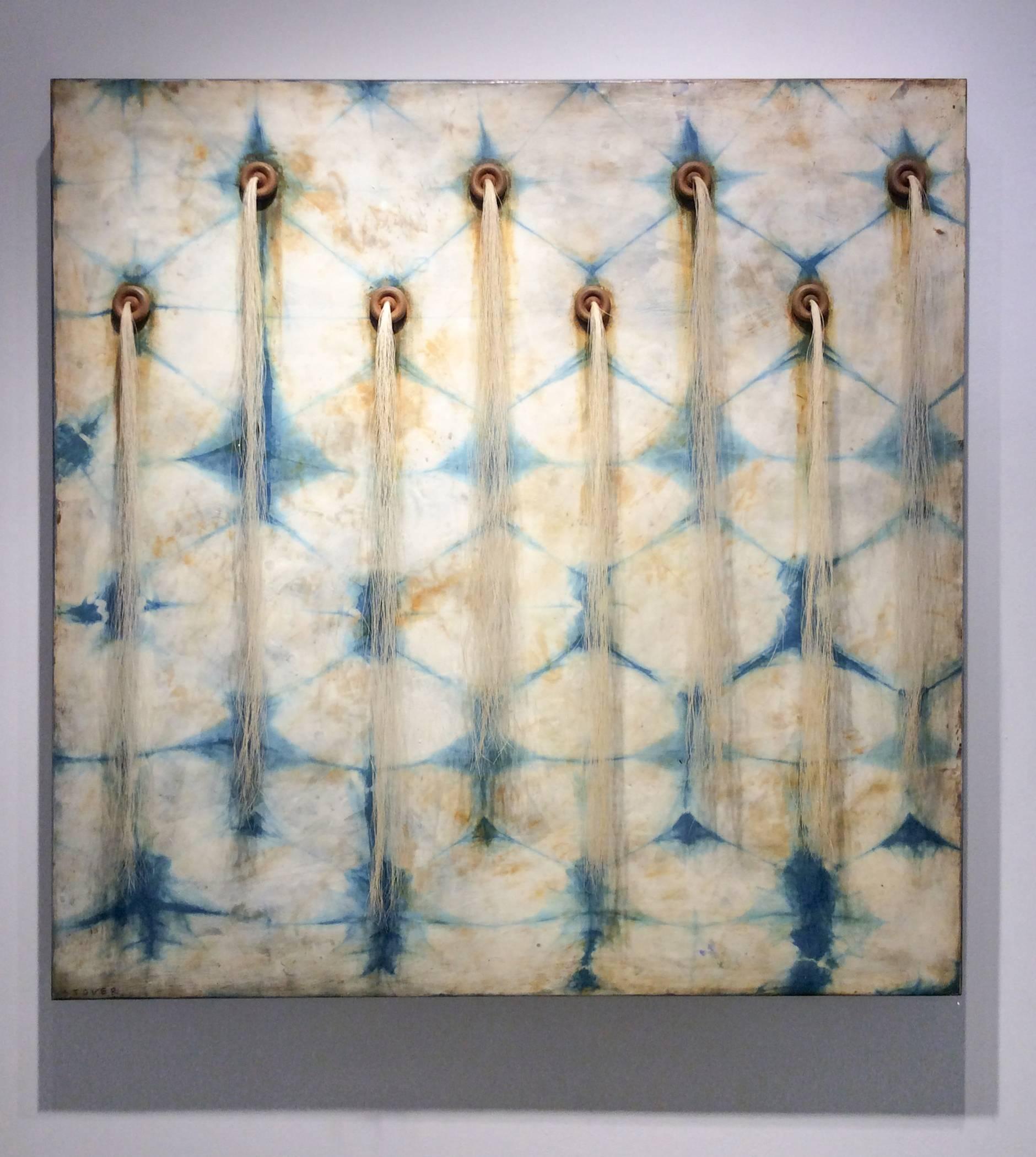 Artesian Wall (Square Indigo Silk & Encaustic Work on Panel with Horse Hair ) - Painting by Susan Stover