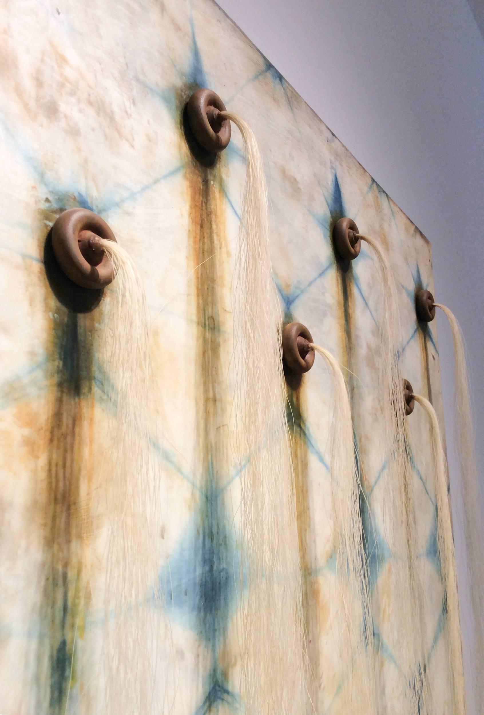 Artesian Wall (Square Indigo Silk & Encaustic Work on Panel with Horse Hair ) - Blue Abstract Painting by Susan Stover