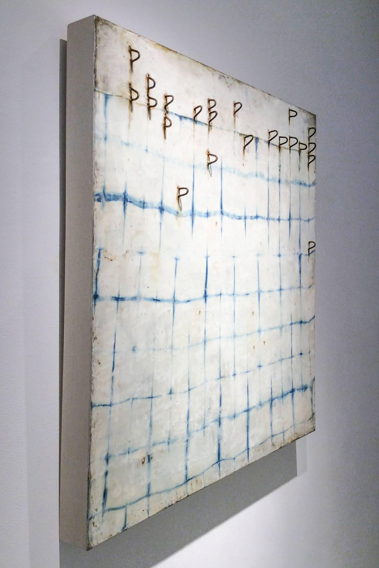 Resurrection (Modern Minimalist Blue Indigo Silk & Encaustic Work on Panel) - Painting by Susan Stover