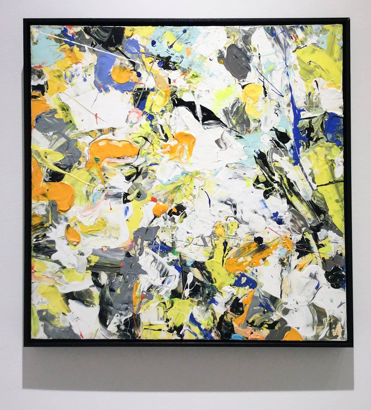 Contemporary abstract expressionist painting in yellow, tangerine orange, blue, and dior grey 
24 x 24 inches on stretched canvas, signed and dated on reverse

This modern abstract expressionist style painting was painted by artist, Adam Cohen in
