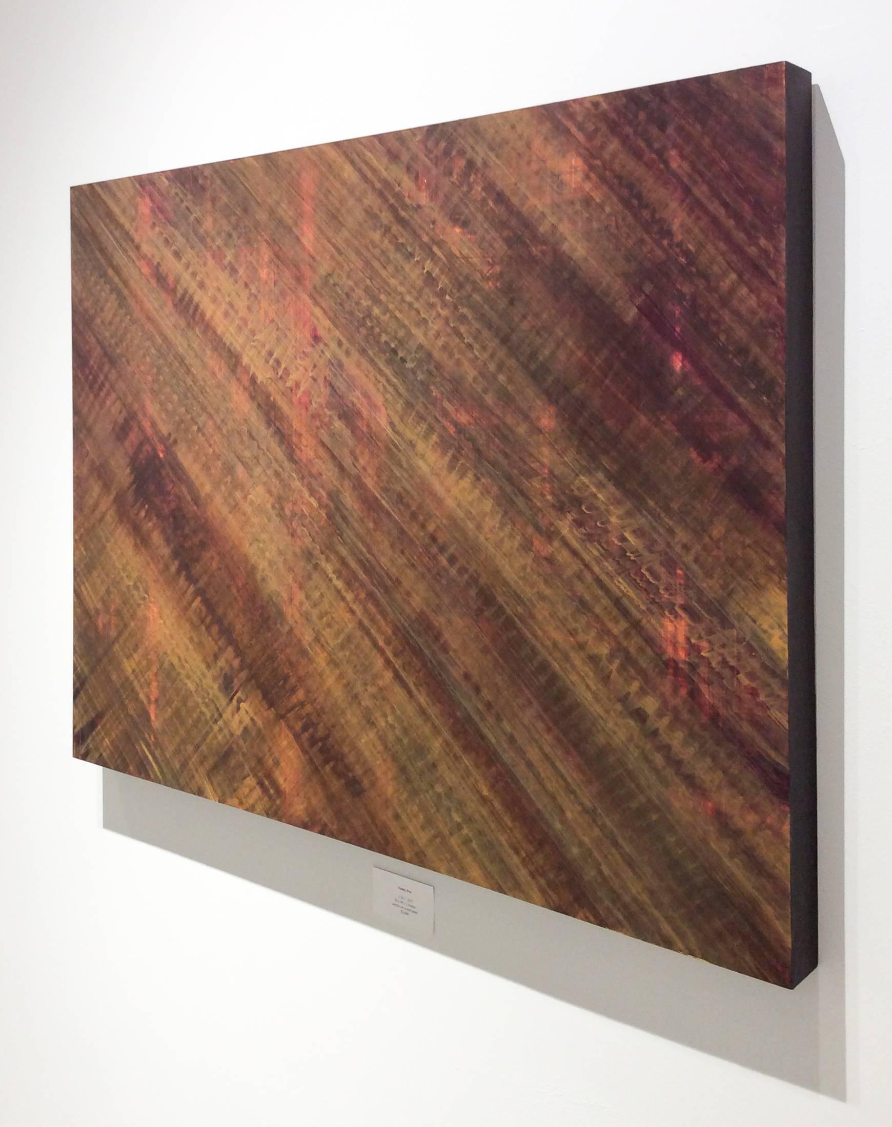 Acryl auf Holzplatte
30 x 40 x 2 Zoll

Diese minimalistische, ungegenständliche Malerei ist das Werk von Ginny Fox, deren Verfahren auf sich überlagernden Farbschlieren basiert. Fox arbeitet mit Lappen statt mit Pinseln und bewegt sich auf