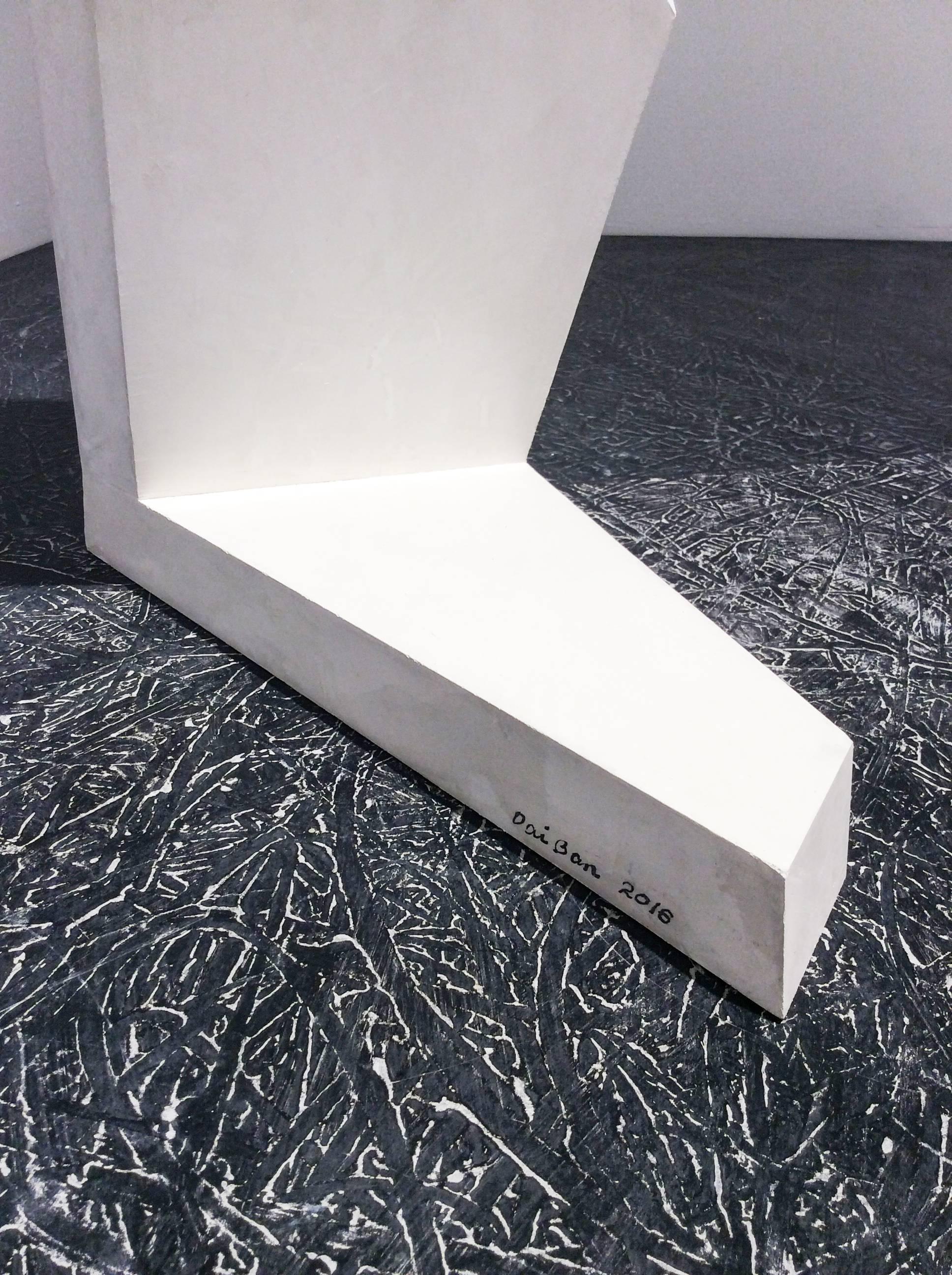 34 x 15 x 9 inches
carved precision board, acrylic and Venetian plaster 

This contemporary, abstract minimalist free-standing sculpture was made by Japanese artist, Dai Ban in 2016. The elegant minimalist sculpture is incredibly lightweight and has