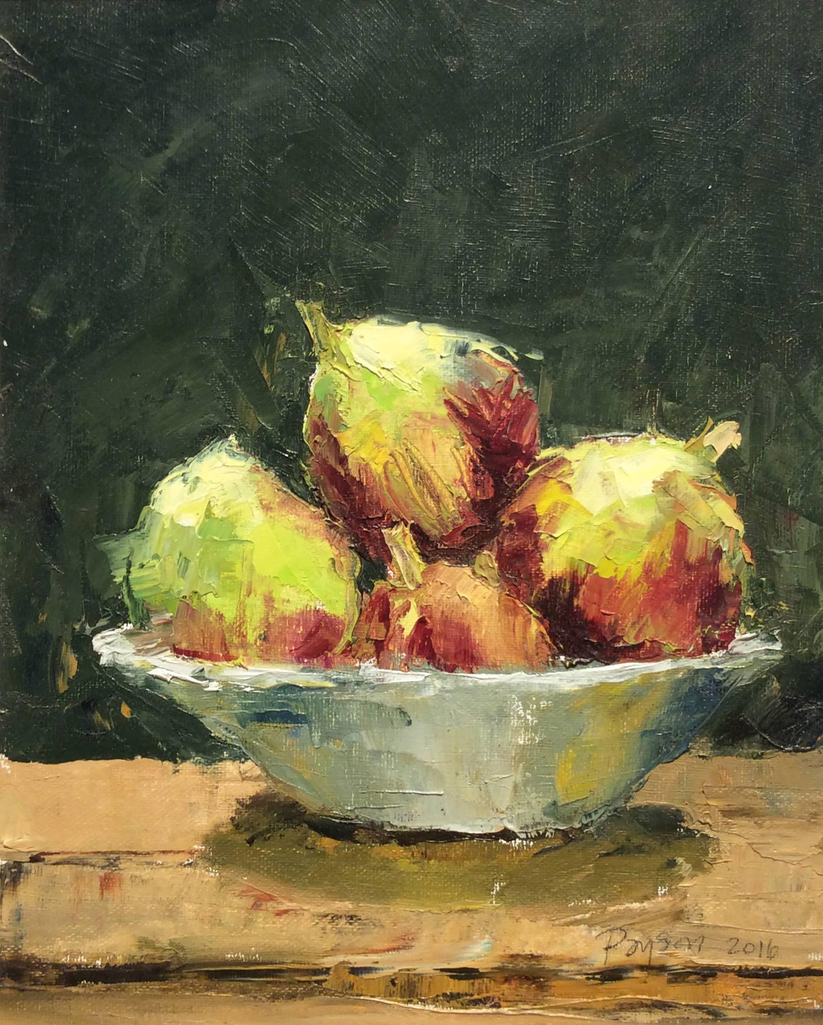 Bowl of Figs (Small Fruit Still Life Painting of Red & Green Figs in Wood Frame) - Brown Still-Life Painting by Dale Payson