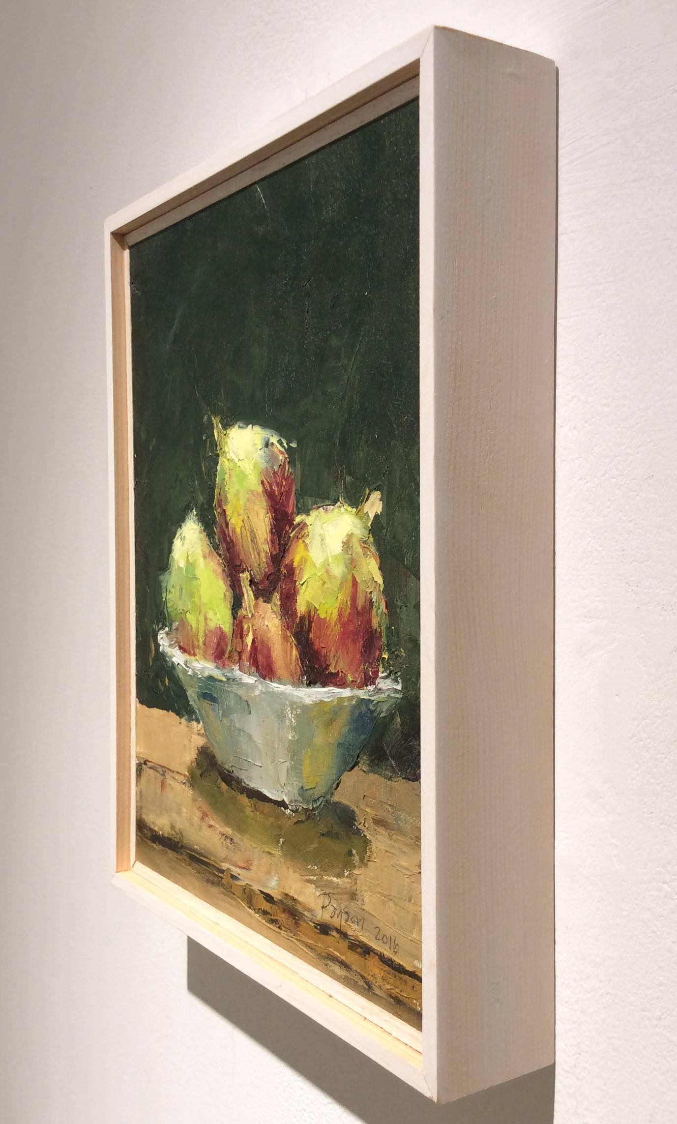 oil on canvas mounted on panel in thin, light wood frame
11.5 x 9.5 x 1.75

This luscious fruit still life painting was made by Hudson Valley based artist, Dale Payson, in 2016. Here the artist puts a modern, intriguing twist on a tradition subject