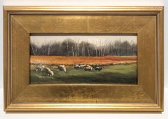 Sheep Grazing (Small Landscape Oil Painting of Country Field, Gold Frame)