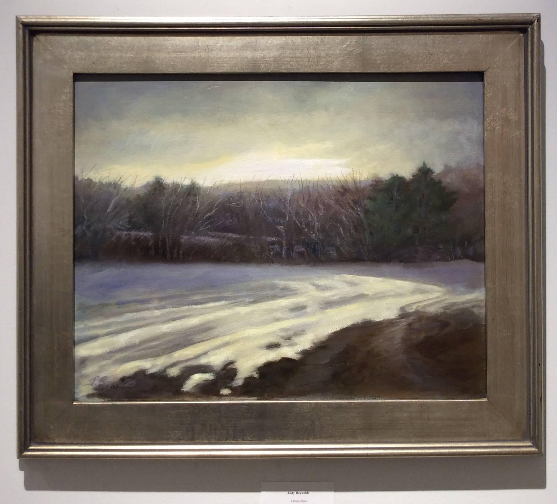 Peinture à l'huile Paysage champ de neige d'hiver, cadre argenté - Painting de Judy Reynolds