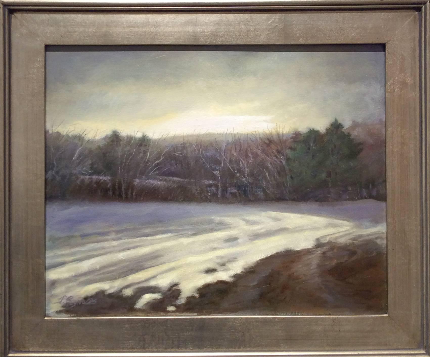 Winter Corn Field (Landscape Oil Painting of Snowy Country Field, Silver Frame)