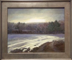 Peinture à l'huile Paysage champ de neige d'hiver, cadre argenté