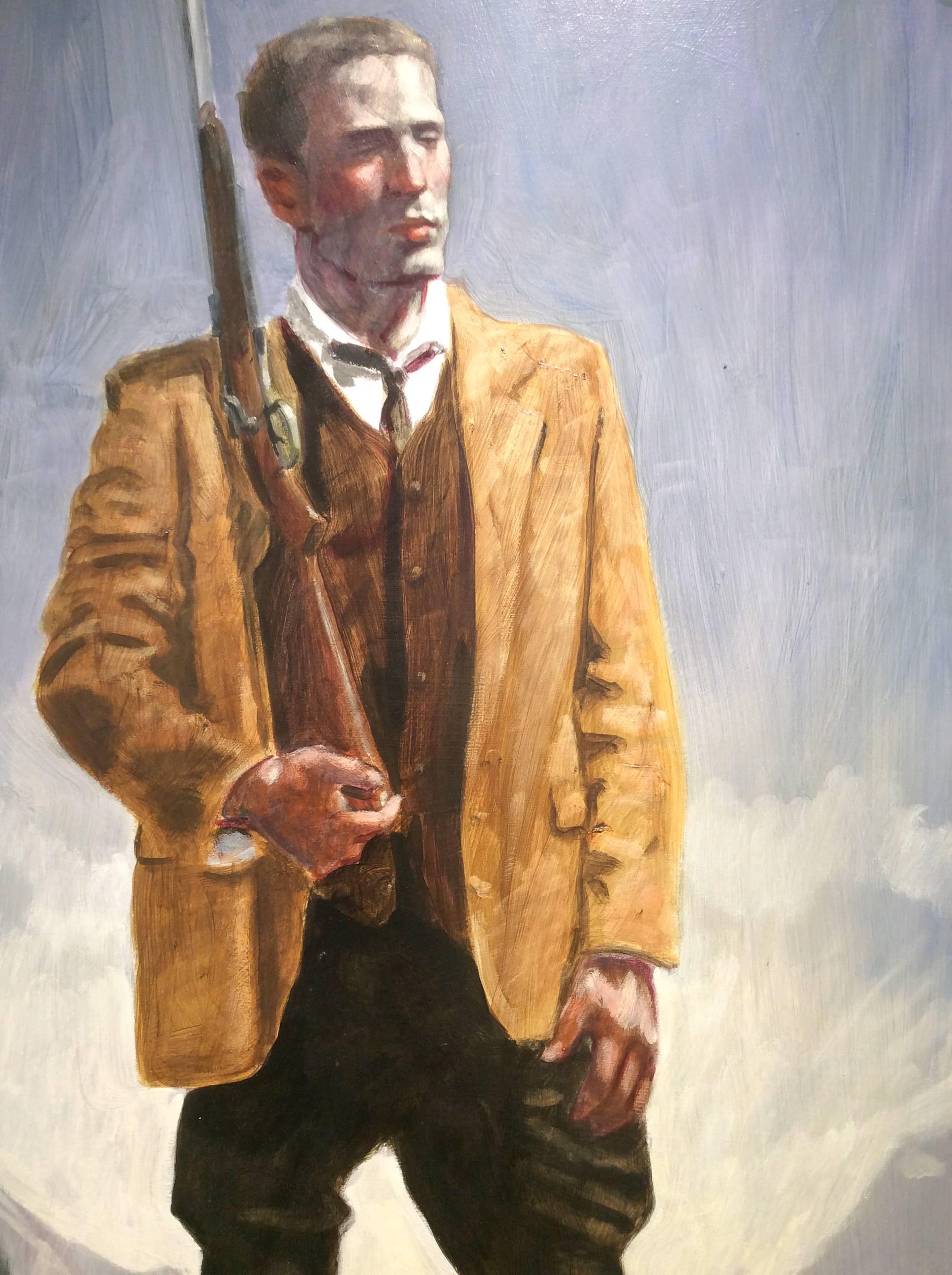 Vertical figurative oil painting of athletic male hunter in mountainous landscape
47.5 x 24 inches unframed
Signed, verso & front (Mark Beard, aka. Bruce Sargeant)
This work is available from Carrie Haddad Gallery, based in Hudson, NY.

This