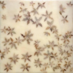 Euphoric 5 (Modern White Encaustic Painting with Beige Spurge Leaves on Wood)