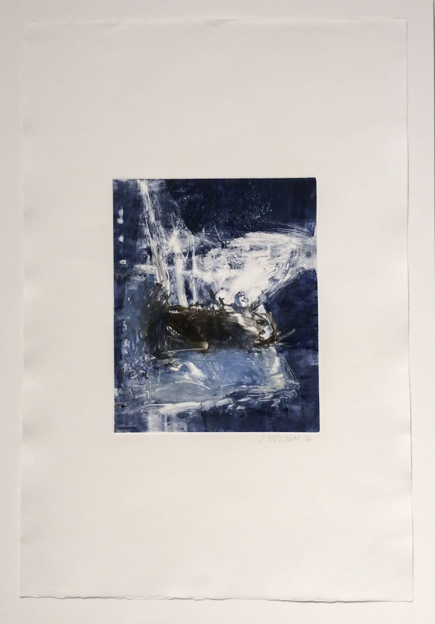 Senza titolo (blu e bianco):  Monoprint impreziosito a mano - Painting Contemporaneo di Jenny Nelson