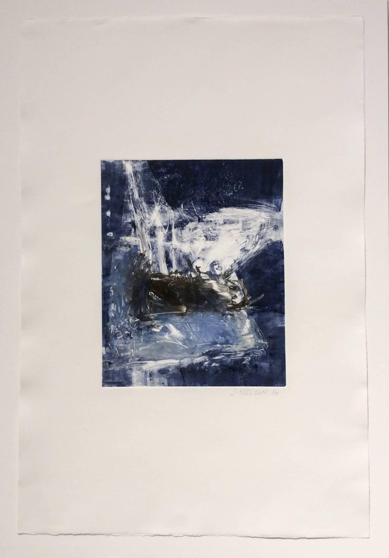 Untitled (blue and white):  Hand embellished monoprint - Contemporary Painting by Jenny Nelson