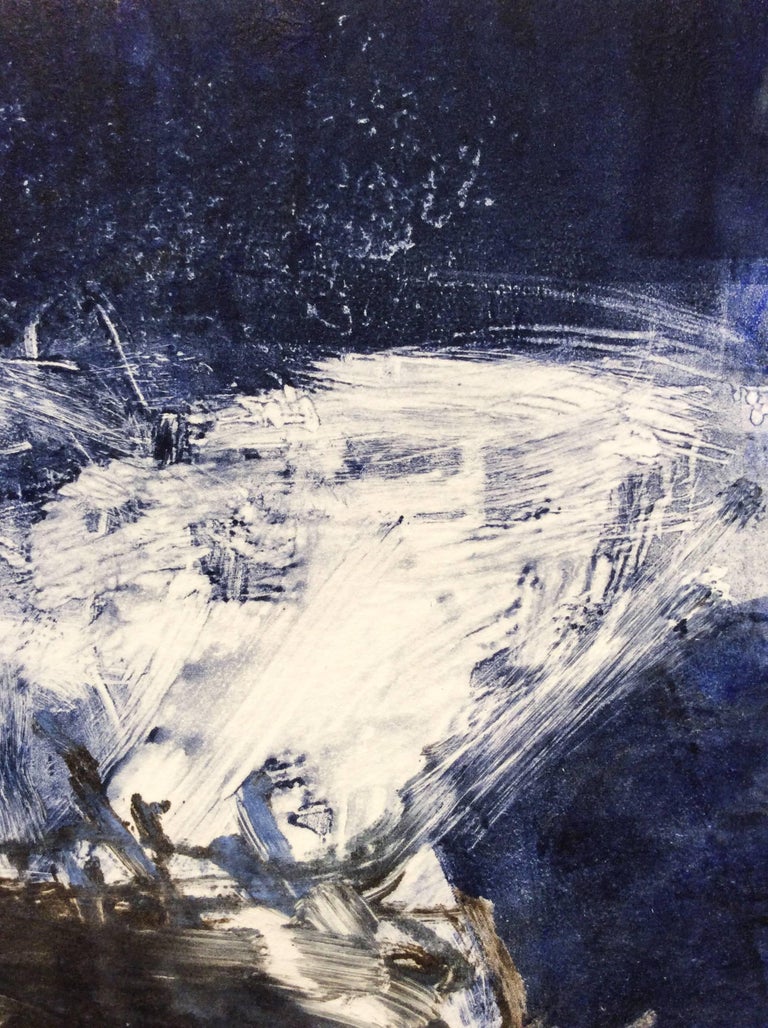Untitled (blue and white):  Hand embellished monoprint - Painting by Jenny Nelson