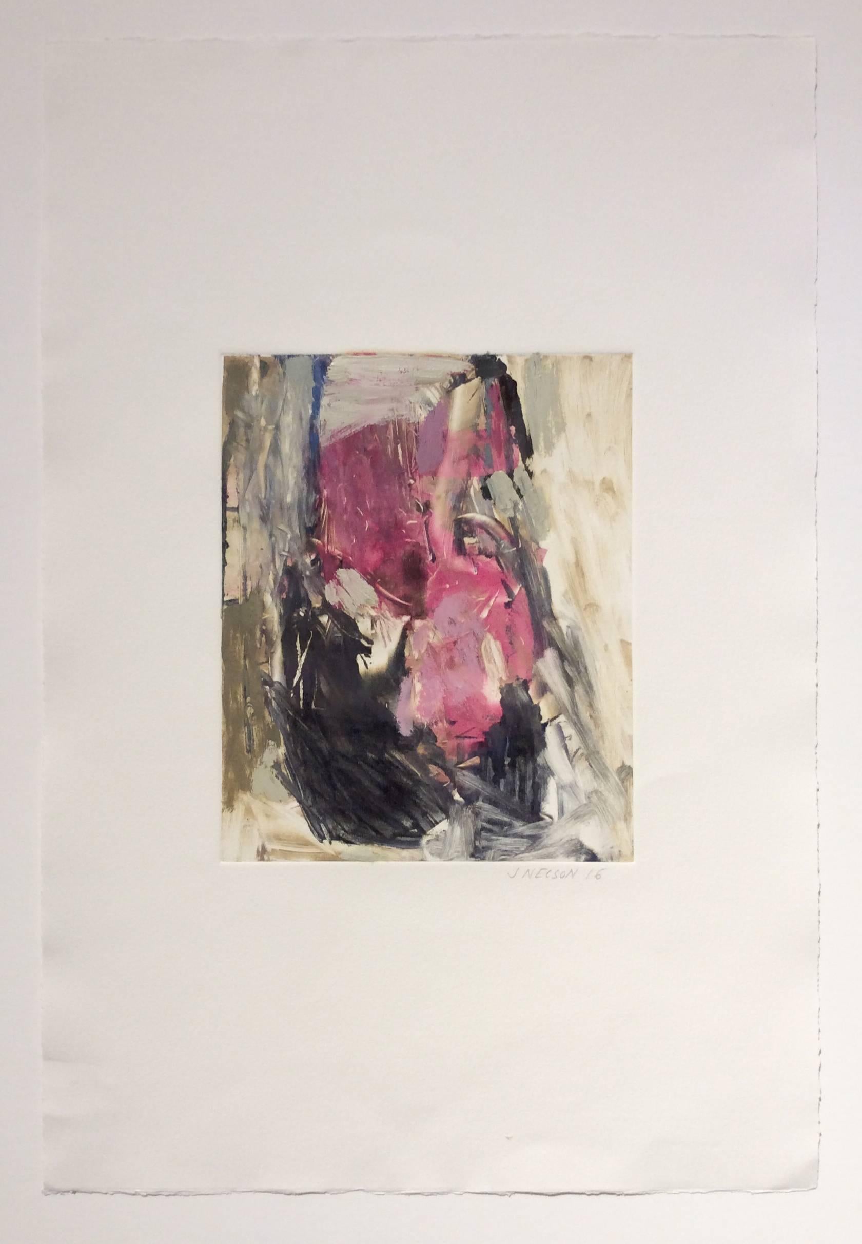 Untitled (pink and gray):  Hand embellished monoprint - Contemporary Painting by Jenny Nelson