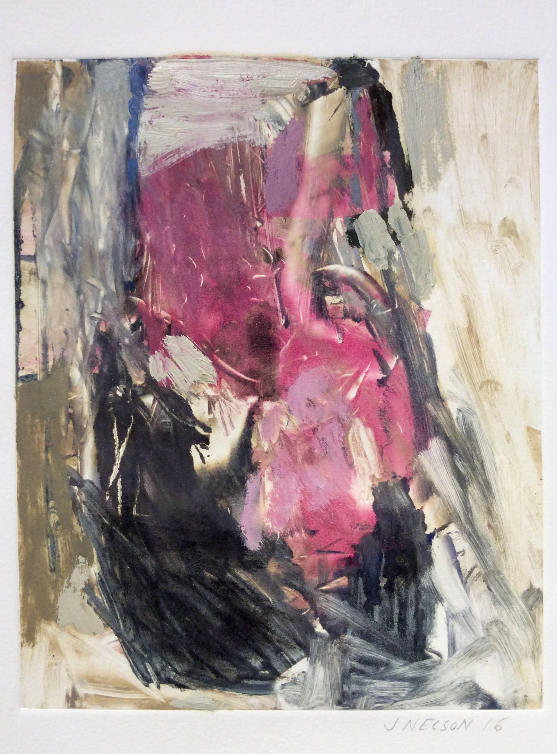 Jenny Nelson Abstract Painting - Untitled (pink and gray):  Hand embellished monoprint