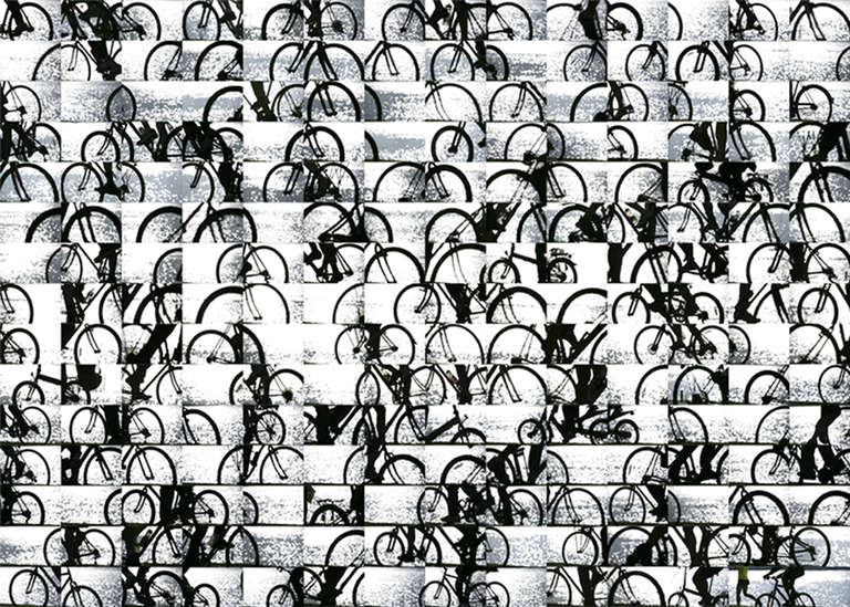 Elliott Kaufman Black and White Photograph - Hudson River 10C x 210 (Black/White Abstract Grid Photograph of Bicyles)