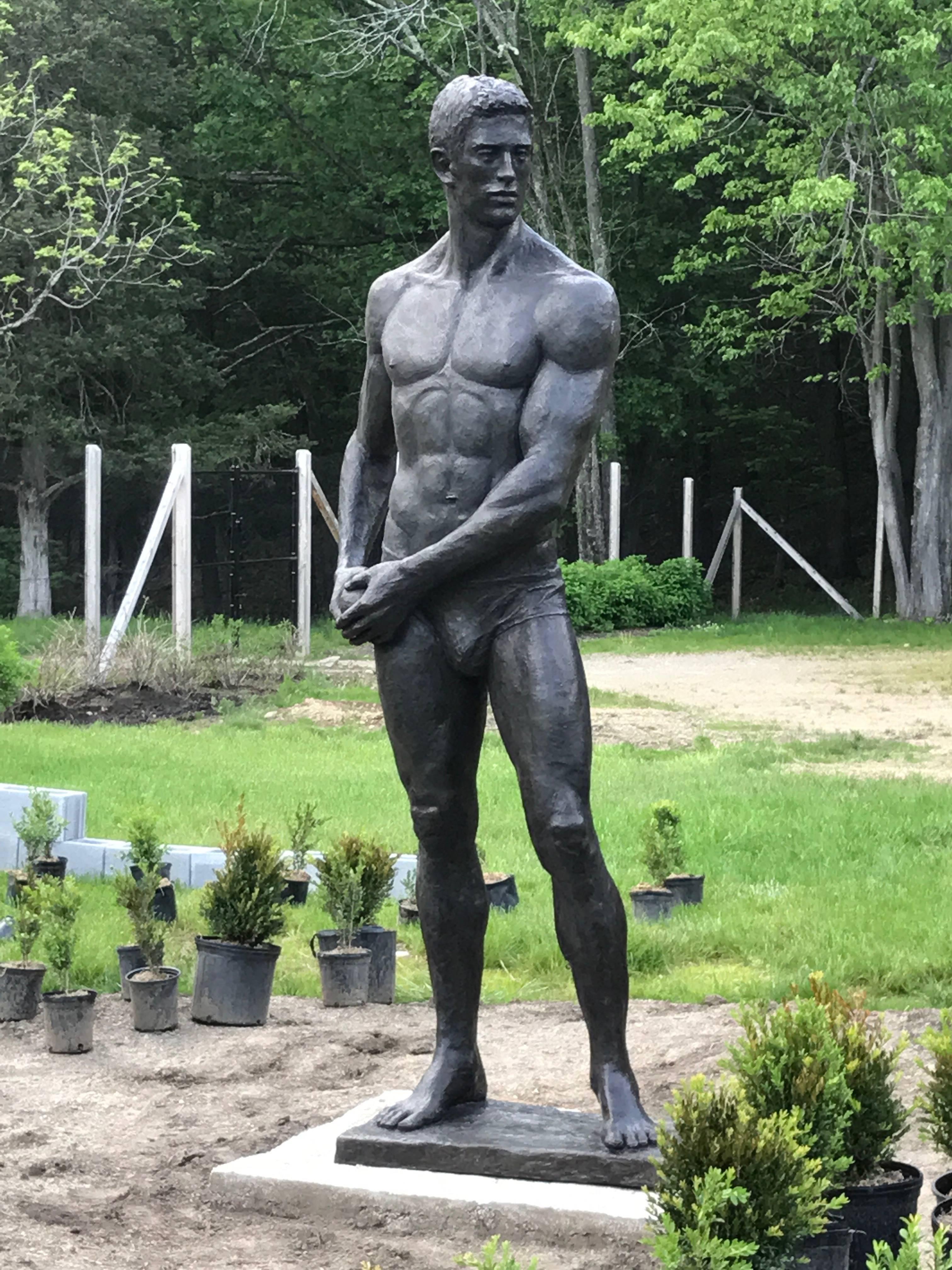 Statue of Athlete: Large Academic Style Bronze Figurative Sculpture of Nude Male - Gold Nude Sculpture by Mark Beard