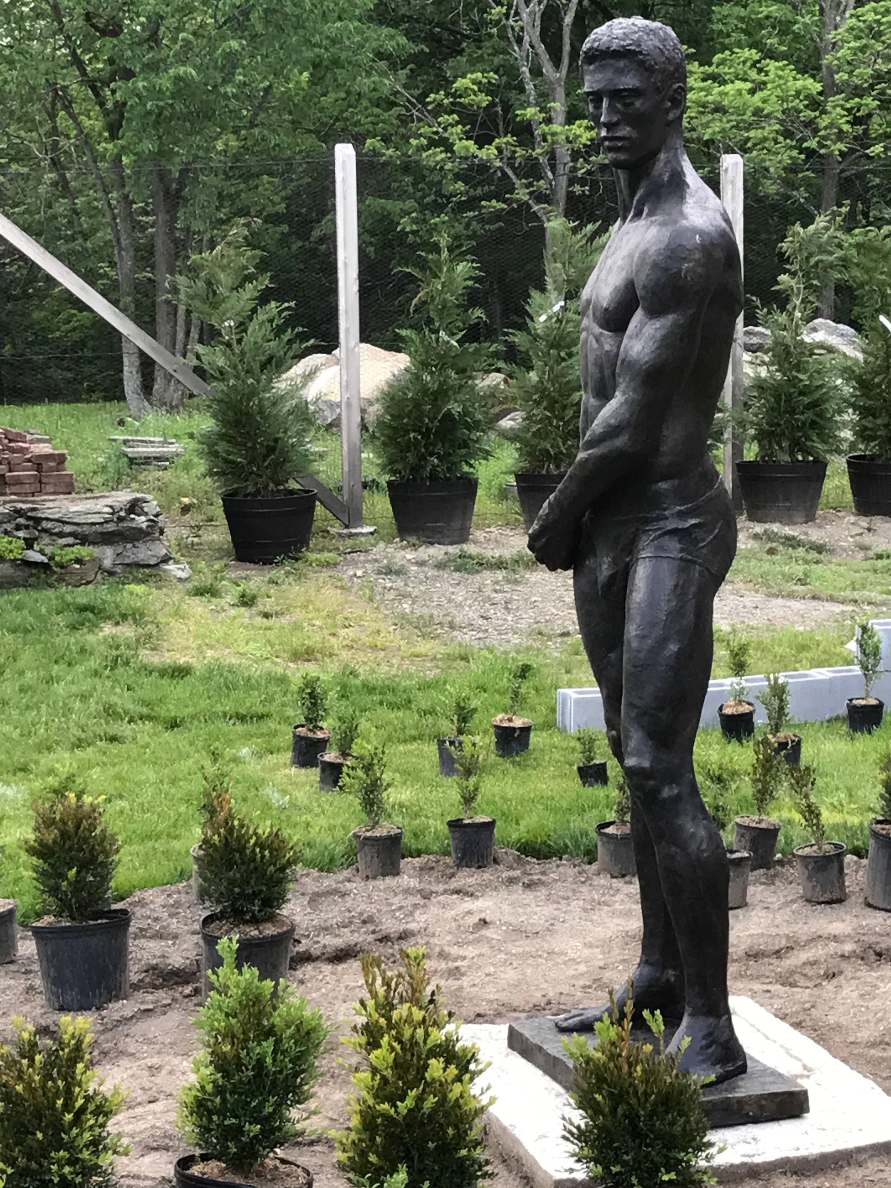 Statue of Athlete: Large Academic Style Bronze Figurative Sculpture of Nude Male For Sale 1