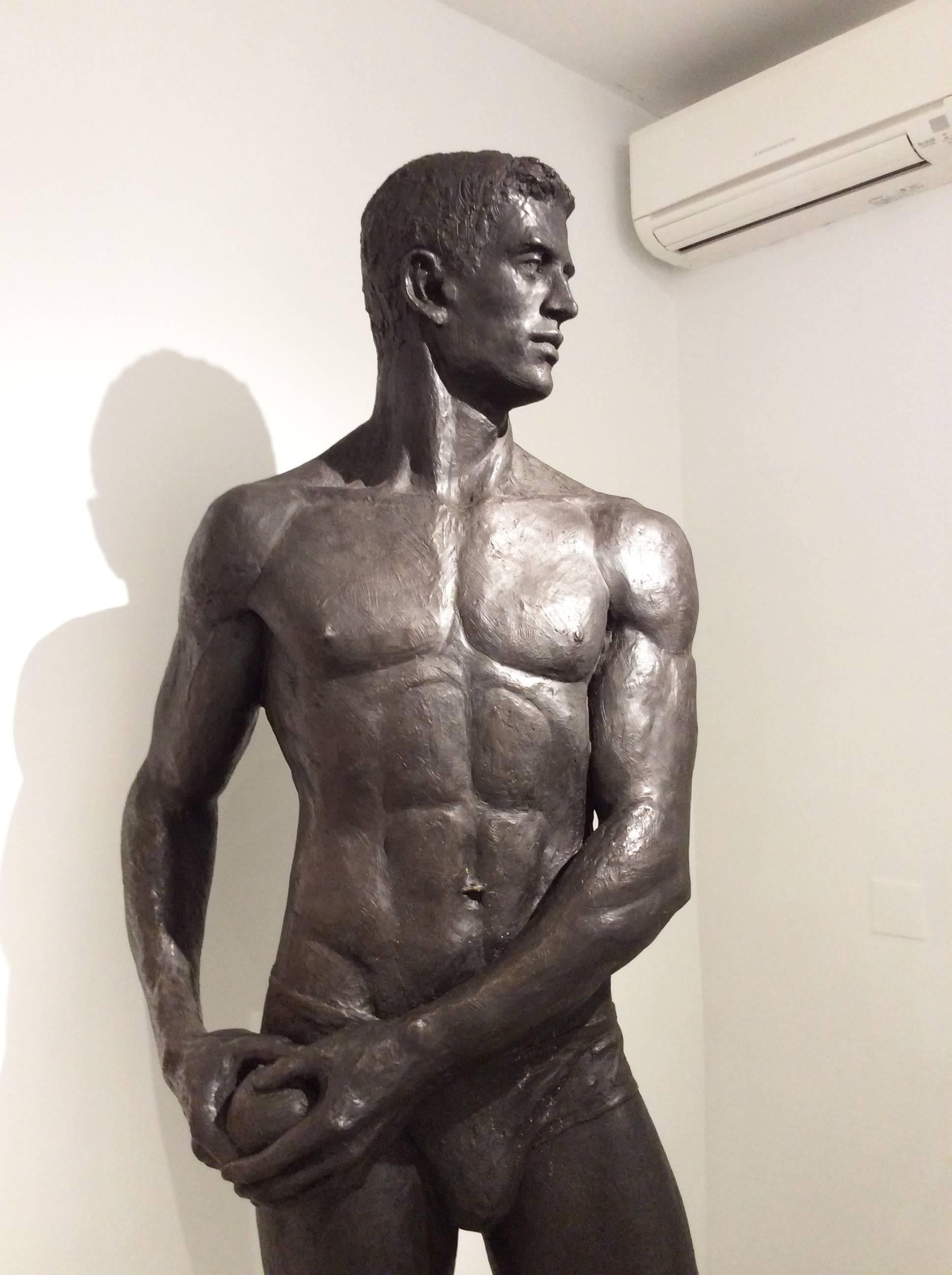 Statue of Athlete: Large Academic Style Bronze Figurative Sculpture of Nude Male For Sale 6