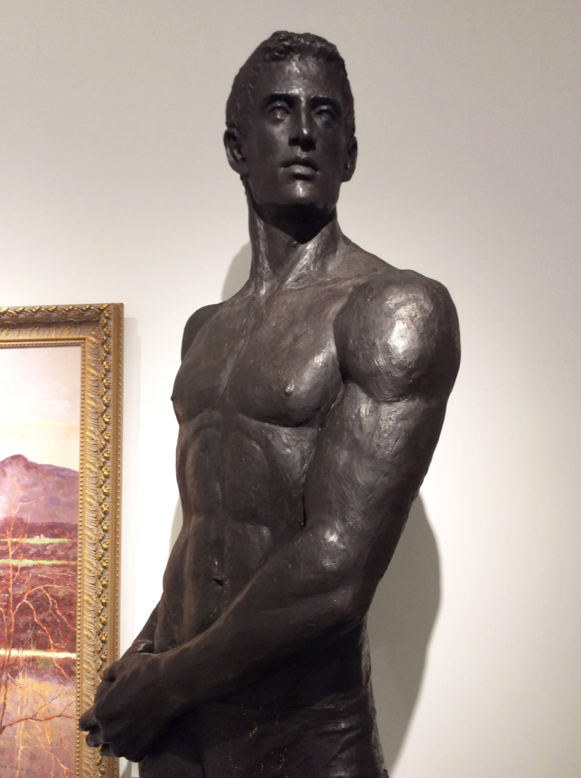 Statue of Athlete: Large Academic Style Bronze Figurative Sculpture of Nude Male For Sale 7