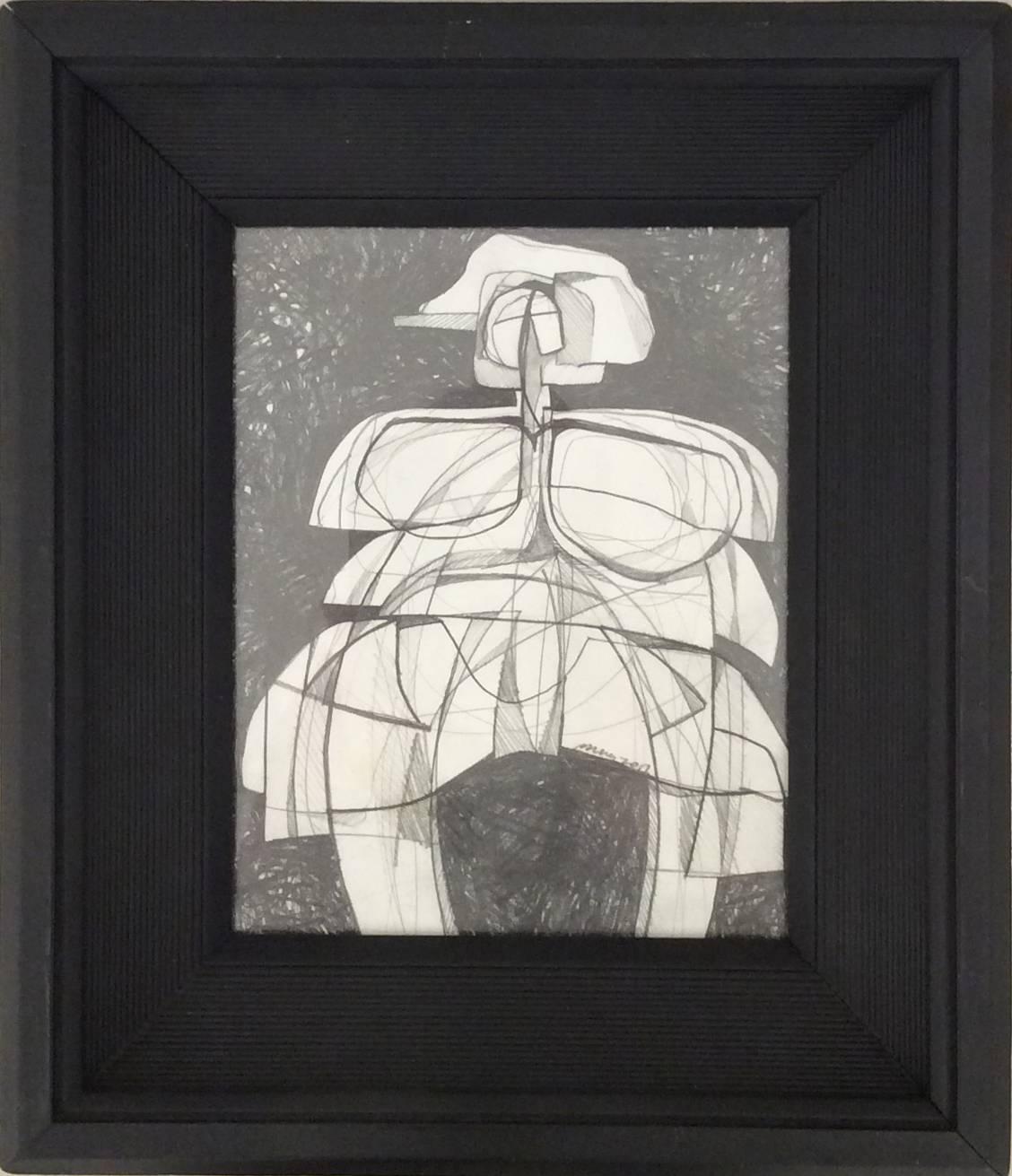 David Dew Bruner Abstract Drawing - Infanta LI (Small Abstract Cubist Graphite Drawing in Vintage Black Frame)